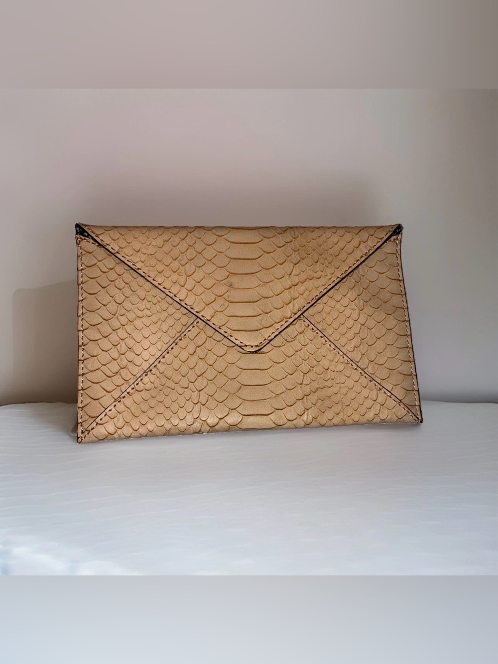 Loeffler Randall Nude Beige Snake Embossed Real Leather Envelope Clutch
